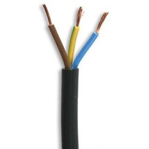 A black electrical cable with three exposed wire strands in brown, yellow, and blue, shown against a plain white background.